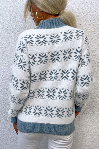 Sky Blue High Neck Christmas Snowflakes Print Sweater LC2722808-4