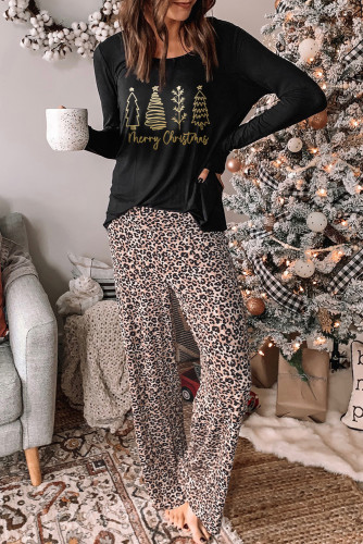Merry Christmas Leopard Print Long Sleeve Wide Leg Lounge Set LC15449-20