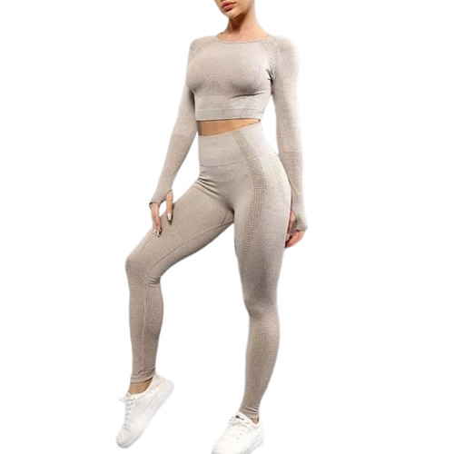 Khaki Knitted Seamless Long Sleeve and Pant Yoga Set TQX711090-21
