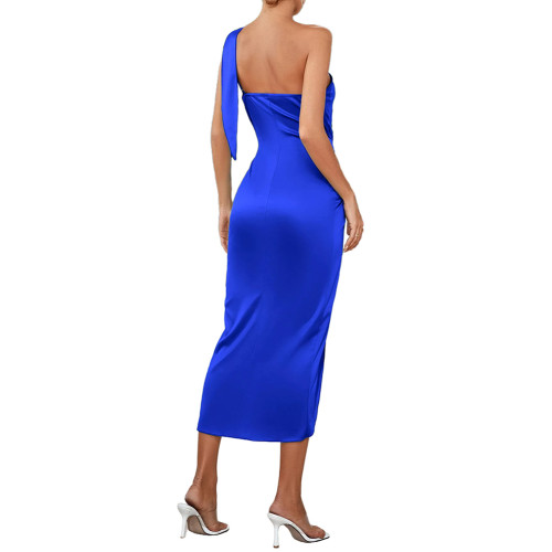 Blue One Shoulder High and Low Hem Party Dress with Tie TQK311361-5