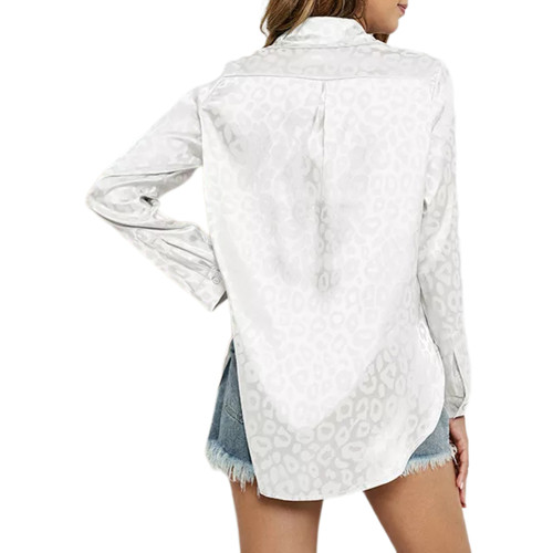 White Leopard Print Satin Jacquard Button Shirt TQX221060-1