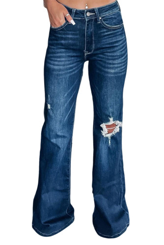 Blue Asymmetric Open Knee Distressed Flare Jeans LC7872018-5