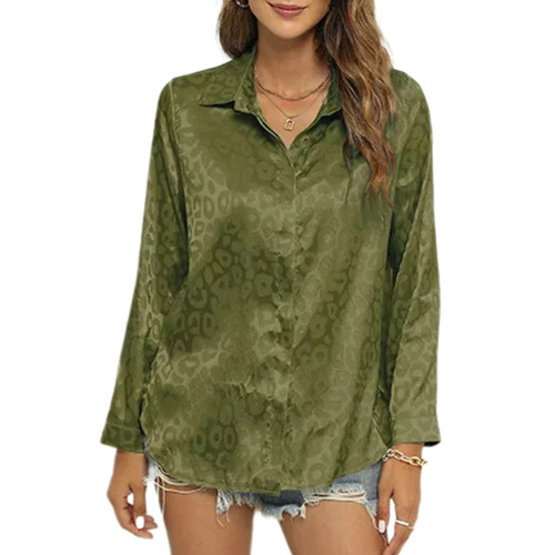 Green Leopard Print Satin Jacquard Button Shirt TQX221060-9