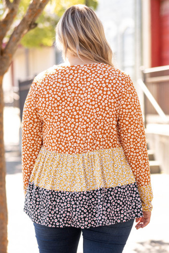 Orange Plus Size Colorblock Blooming Daisy Long Sleeve Flowy Top PL251510-14
