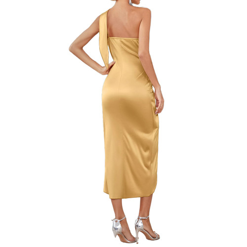 Champagne One Shoulder High and Low Hem Party Dress with Tie TQK311361-53