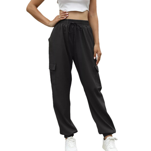 Black Lace-up Waist Pocket Jogger Pants TQX511037-2
