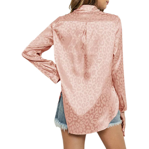 Pink Leopard Print Satin Jacquard Button Shirt TQX221060-10