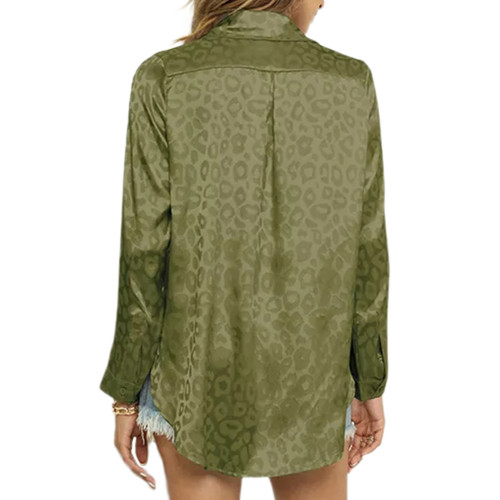Green Leopard Print Satin Jacquard Button Shirt TQX221060-9