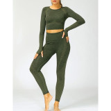 Army Green Knitted Seamless Long Sleeve and Pant Yoga Set TQX711090-27