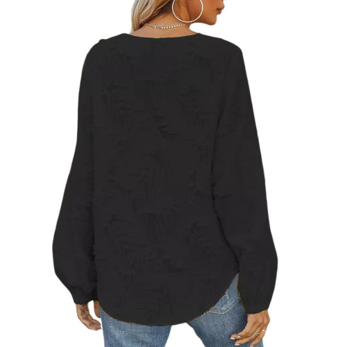 Black V Neck Pullover Long Sleeve Tops TQX210183-2