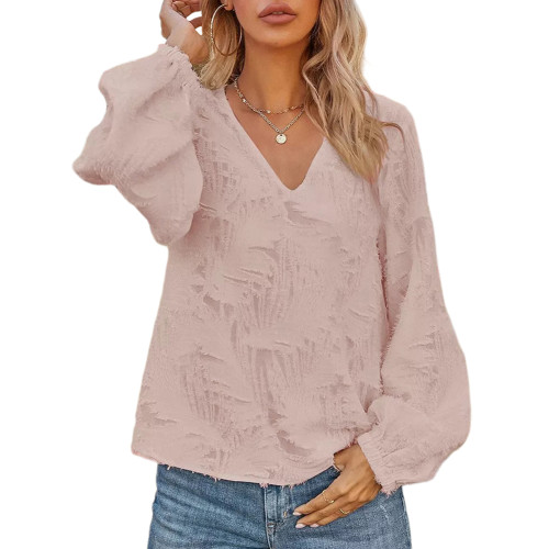 Pink V Neck Pullover Long Sleeve Tops TQX210183-10