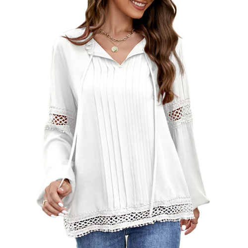 White Hollow-out Lace-up Long Sleeve Tops TQX210182-1