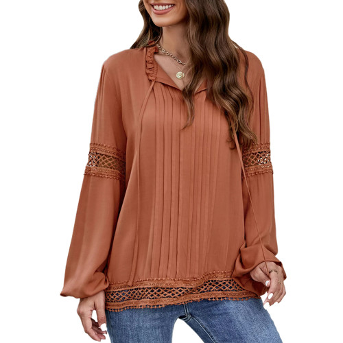 Orange Red Hollow-out Lace-up Long Sleeve Tops TQX210182-55