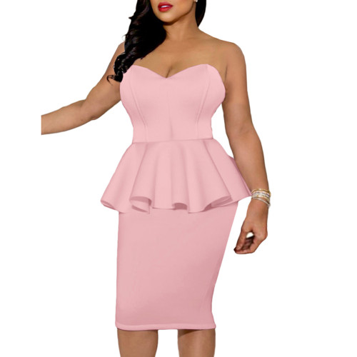 Pink Ruffle Hem Off Shoulder Office Bodycon Dress TQK311378-10