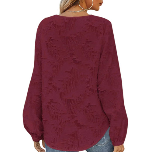 Burgundy V Neck Pullover Long Sleeve Tops TQX210183-23