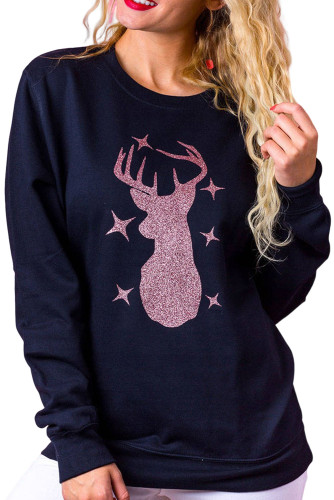 Black Christmas Elk Glitter Graphic Print Pullover Sweatshirt LC25313976-2