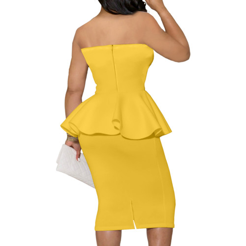 Yellow Ruffle Hem Off Shoulder Office Bodycon Dress TQK311378-7