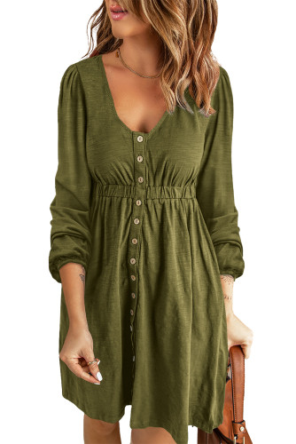 Green Button Up High Waist Long Sleeve Dress LC6111416-109