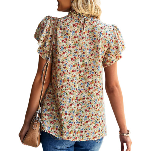 Khaki Woven Floral Print Ruffled Short Sleeve Tops TQX210186-21