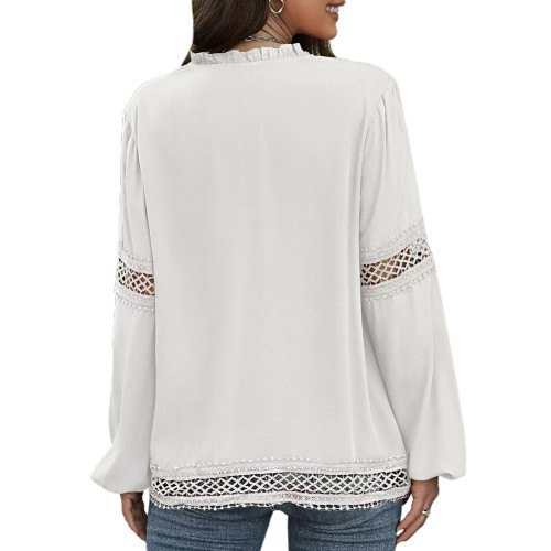 White Hollow-out Lace-up Long Sleeve Tops TQX210182-1