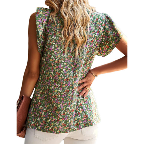 Green Woven Floral Print Ruffled Short Sleeve Tops TQX210186-9
