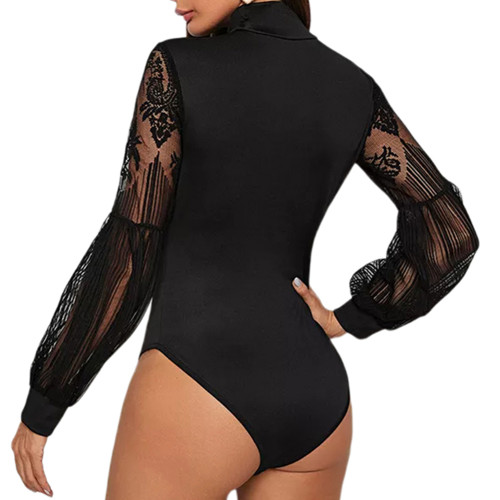 Black Lace Splicing Mock Neck Long Sleeve Bodysuit TQX551125-2