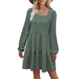Army Green Square Neck Long Sleeve Casual Dress TQK311376-27