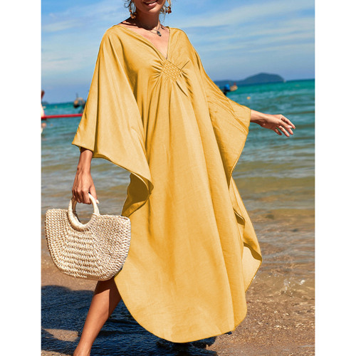 Yellow Front Woven Bat Sleeve Beachwear Kimono TQK311383-7