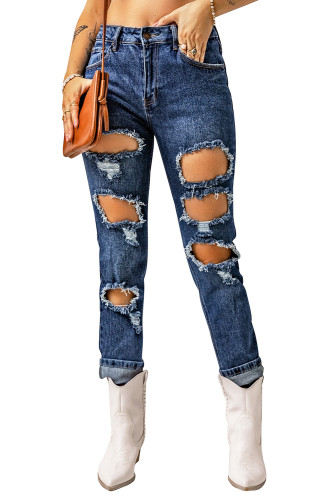Blue Multi Hole Distressed Straight Leg Jeans LC7871030-5