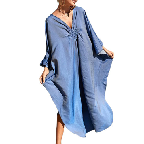 Blue Front Woven Bat Sleeve Beachwear Kimono TQK311383-5