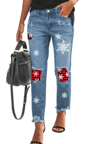 Sky Blue Christmas Snowflake Plaid Patchwork Distressed Jeans LC7872505-604