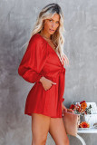 Red Tie Knot Puff Long Sleeve Romper LC643624-3