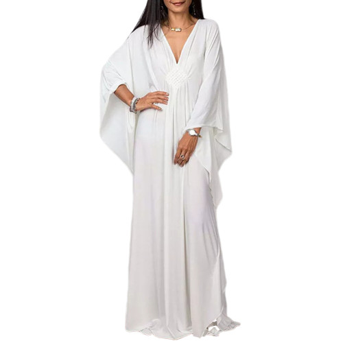 White Front Woven Bat Sleeve Beachwear Kimono TQK311383-1