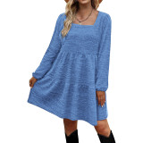 Blue Square Neck Long Sleeve Casual Dress TQK311376-5