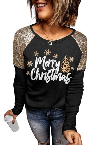 Black Merry Christmas Graphic Print Sequin Splicing Top LC25119351-2