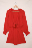Red Tie Knot Puff Long Sleeve Romper LC643624-3