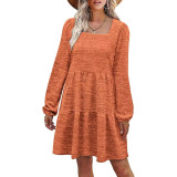 Orange Square Neck Long Sleeve Casual Dress TQK311376-14