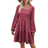 Red Square Neck Long Sleeve Casual Dress TQK311376-3