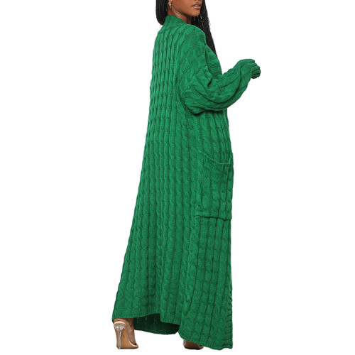 Green Open Front Cable Knit Pocket Long Cardigan TQK280223-9