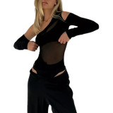 Black One-shoulder Long Sleeve Bodysuit with Sleeve Cover TQV220166-2