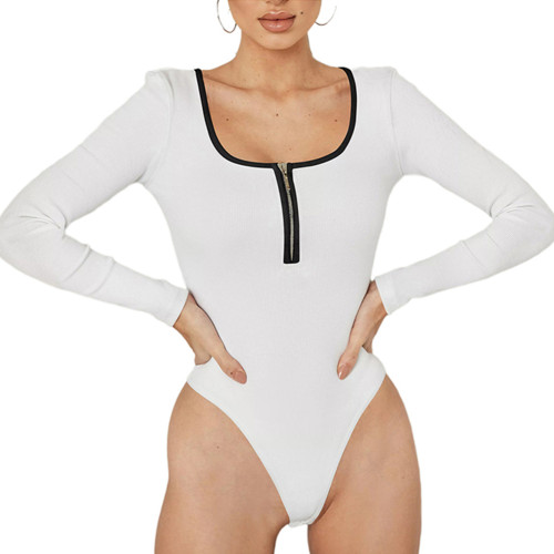 White Ribbed Zipper Long Sleeve Bodysuit TQV220165-1