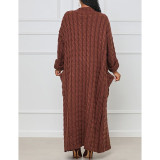 Coffee Open Front Cable Knit Pocket Long Cardigan TQK280223-15