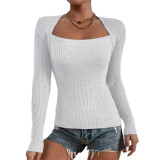 White Ribbed Knit Long Sleeve Tops TQV220167-1