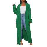 Green Open Front Cable Knit Pocket Long Cardigan TQK280223-9