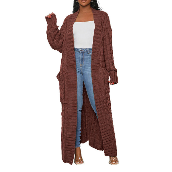 Coffee Open Front Cable Knit Pocket Long Cardigan TQK280223-15