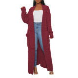 Burgundy Open Front Cable Knit Pocket Long Cardigan TQK280223-23