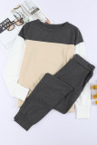 Khaki Color Block Pullover 2pcs Loungewear Set LC15248-16