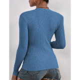 Blue Ribbed Knit Long Sleeve Tops TQV220167-5