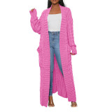 Pink Open Front Cable Knit Pocket Long Cardigan TQK280223-10