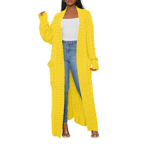 Yellow Open Front Cable Knit Pocket Long Cardigan TQK280223-7